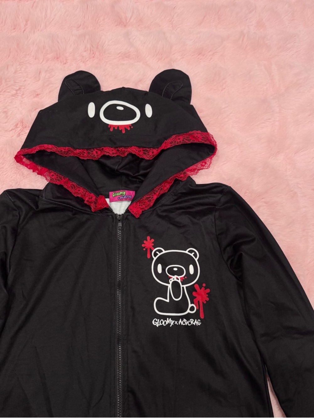 Gloomy Bear x ACDC Rag Black and Red Lace Zip Jacket - Picture 4 of 8